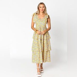 NWT Buddy Love Drew Tiered Midi Dress w Shoulder Bows - yellow/pink floral